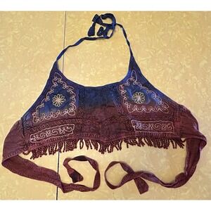 VTG Bohemian Style Halter Top Tie Fringe Embroidered Made In India OSFA Hippie